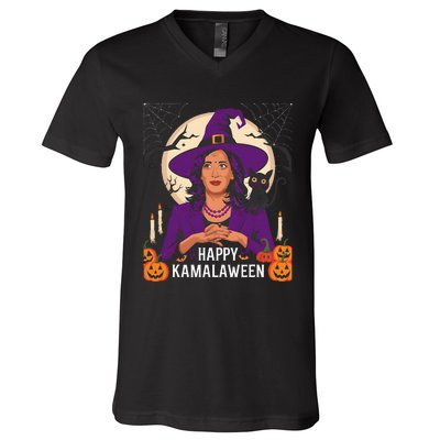 Happy Kamalaween Funny Halloween Kamala Harris Witchy Cat V-Neck T-Shirt