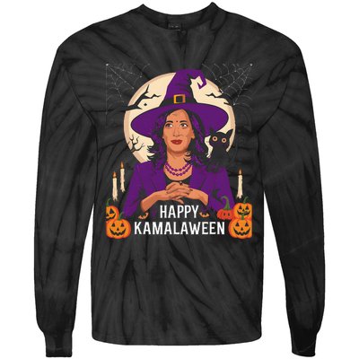 Happy Kamalaween Funny Halloween Kamala Harris Witchy Cat Tie-Dye Long Sleeve Shirt