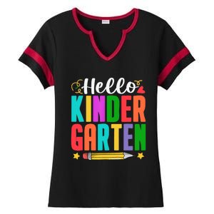 Hello Kindergarten First Day Of School Teachers Students Ladies Halftime Notch Neck Tee