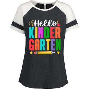 Hello Kindergarten First Day Of School Teachers Students Enza Ladies Jersey Colorblock Tee