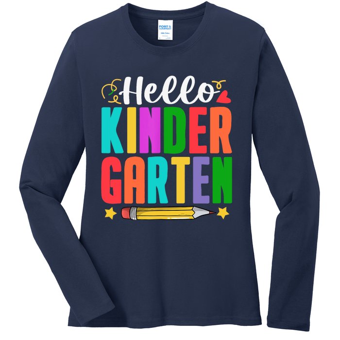 Hello Kindergarten First Day Of School Teachers Students Ladies Long Sleeve Shirt