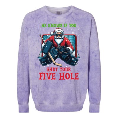 He Knows If You Shut Your Fivehole Christmas Santa Hockey Great Gift Colorblast Crewneck Sweatshirt