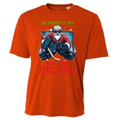 He Knows If You Shut Your Fivehole Christmas Santa Hockey Great Gift Cooling Performance Crew T-Shirt