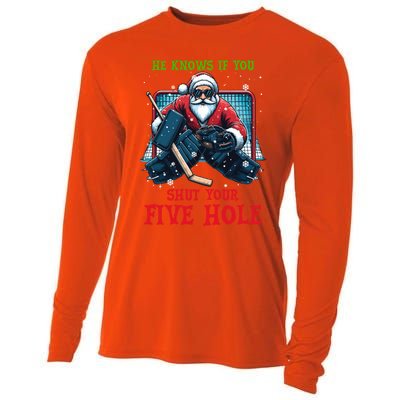 He Knows If You Shut Your Fivehole Christmas Santa Hockey Great Gift Cooling Performance Long Sleeve Crew