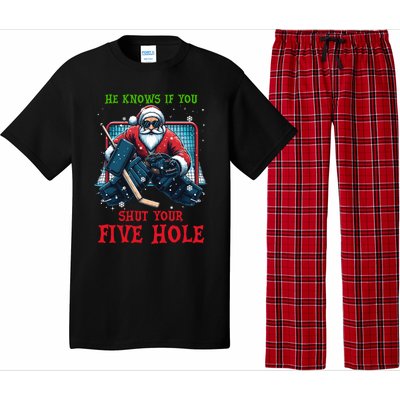 He Knows If You Shut Your Fivehole Christmas Santa Hockey Great Gift Pajama Set