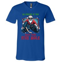 He Knows If You Shut Your Fivehole Christmas Santa Hockey Great Gift V-Neck T-Shirt