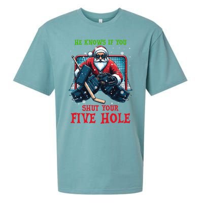 He Knows If You Shut Your Fivehole Christmas Santa Hockey Great Gift Sueded Cloud Jersey T-Shirt