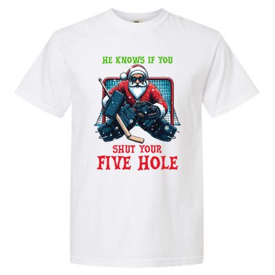 He Knows If You Shut Your Fivehole Christmas Santa Hockey Great Gift Garment-Dyed Heavyweight T-Shirt