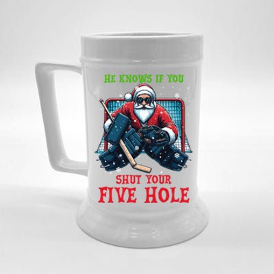 He Knows If You Shut Your Fivehole Christmas Santa Hockey Great Gift Beer Stein