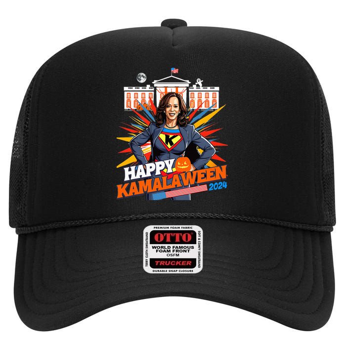 Happy Kamalaween Kamala Harris Halloween Cat Ladies Witches High Crown Mesh Back Trucker Hat