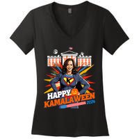 Happy Kamalaween Kamala Harris Halloween Cat Ladies Witches Women's V-Neck T-Shirt