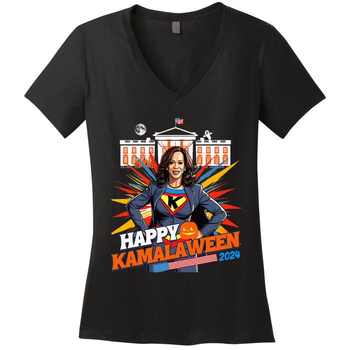 Happy Kamalaween Kamala Harris Halloween Cat Ladies Witches Women's V-Neck T-Shirt