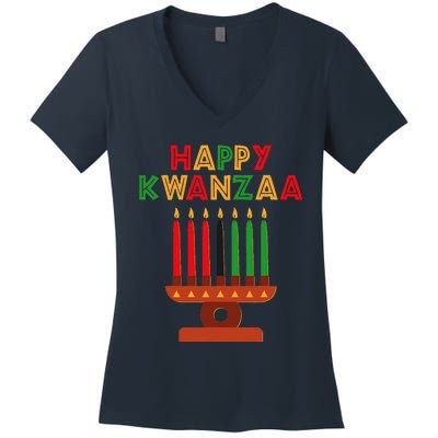 Happy Kwanzaa Kinara Seven Candles African American Women's V-Neck T-Shirt