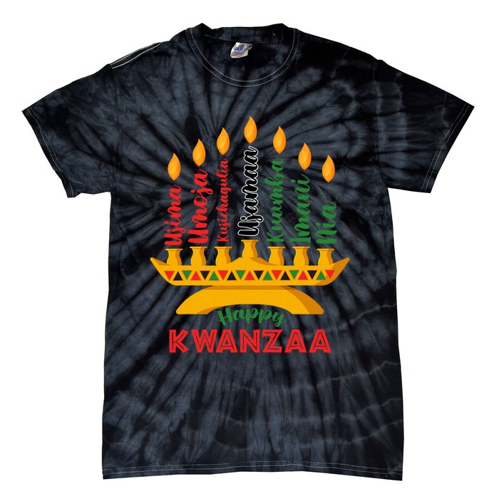 Happy Kwanzaa Kinara Seven Candles Principles Of Kwanzaa Tie-Dye T-Shirt