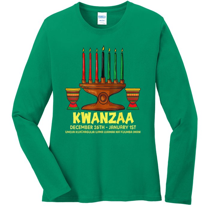 Happy Kwanzaa Kinara Candles African American Christmas Day Ladies Long Sleeve Shirt