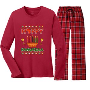 Happy Kwanzaa Kinara Candles African American Christmas Xmas Women's Long Sleeve Flannel Pajama Set 