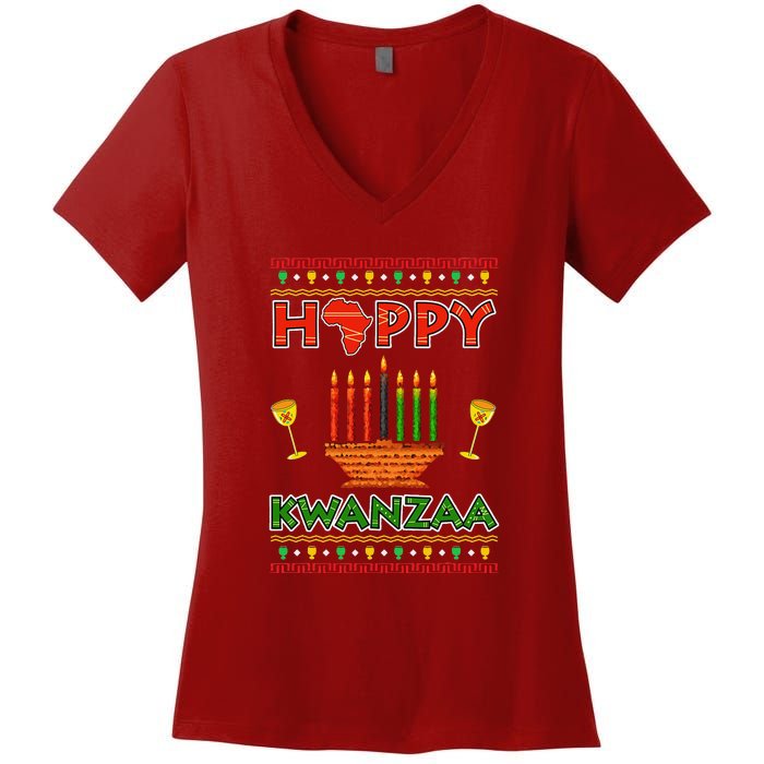 Happy Kwanzaa Kinara Candles African American Christmas Xmas Women's V-Neck T-Shirt