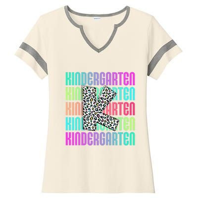 Hello Kindergarten Leopard Back To School Teacher Student Ladies Halftime Notch Neck Tee