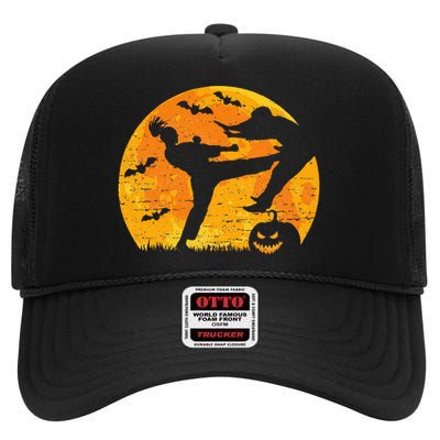 Halloween Kickboxing Martial Arts Full Moon Pumpkin Vintage High Crown Mesh Back Trucker Hat