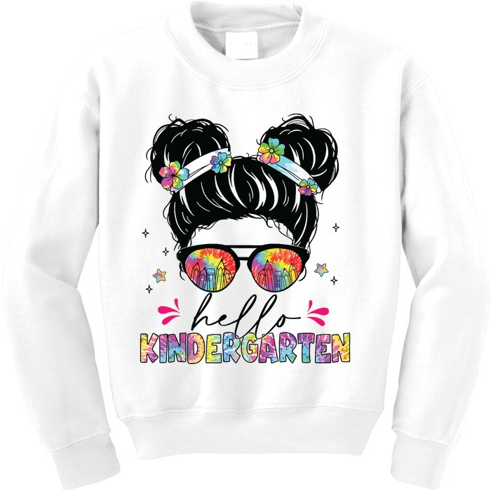 Hello Kindergarten Messy Bun Tie Dye Back To School Kids Sweatshirt