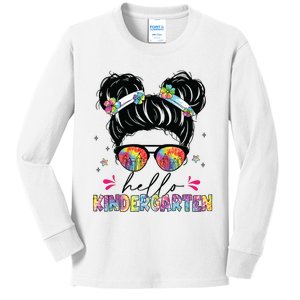 Hello Kindergarten Messy Bun Tie Dye Back To School Kids Long Sleeve Shirt