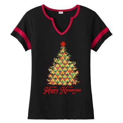 Happy Kwanzaa Pattern Christmas Tree Ladies Halftime Notch Neck Tee