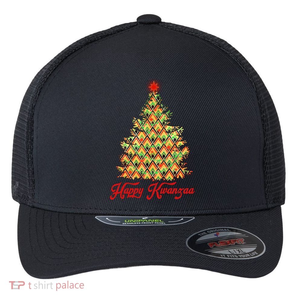 Happy Kwanzaa Pattern Christmas Tree Flexfit Unipanel Trucker Cap
