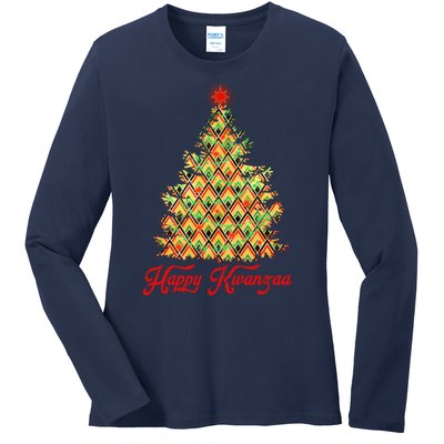 Happy Kwanzaa Pattern Christmas Tree Ladies Long Sleeve Shirt