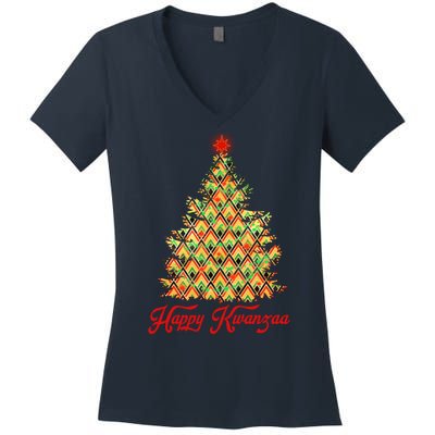 Happy Kwanzaa Pattern Christmas Tree Women's V-Neck T-Shirt