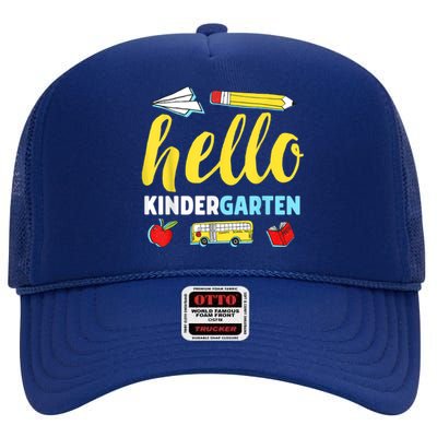 Hello Kindergarten Teacher First Day Back To School High Crown Mesh Back Trucker Hat