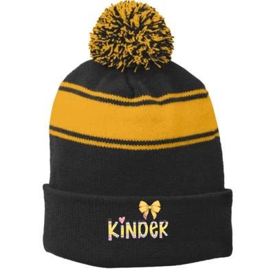 Hello Kindergarten Teacher Squad Coquette Bow Pencil School Stripe Pom Pom Beanie