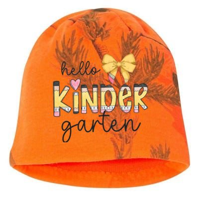 Hello Kindergarten Teacher Squad Coquette Bow Pencil School Kati - Camo Knit Beanie