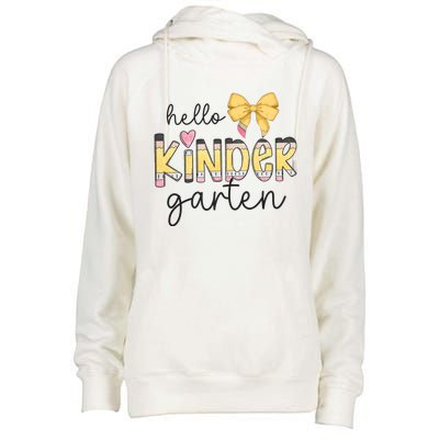 Hello Kindergarten Teacher Squad Coquette Bow Pencil School Womens Funnel Neck Pullover Hood