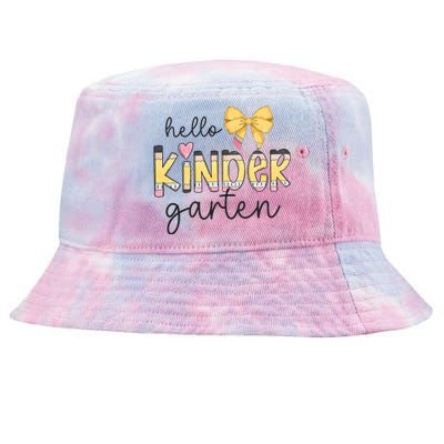 Hello Kindergarten Teacher Squad Coquette Bow Pencil School Tie-Dyed Bucket Hat