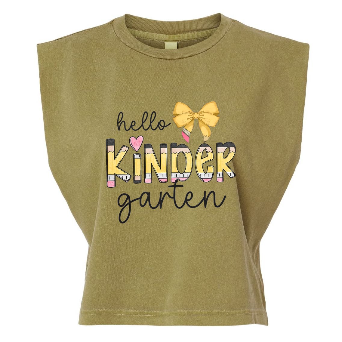 Hello Kindergarten Teacher Squad Coquette Bow Pencil School Garment-Dyed Women's Muscle Tee