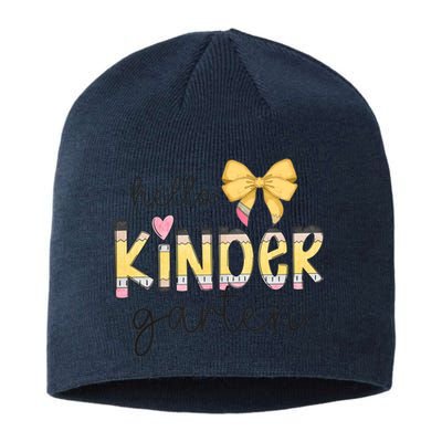 Hello Kindergarten Teacher Squad Coquette Bow Pencil School Sustainable Beanie