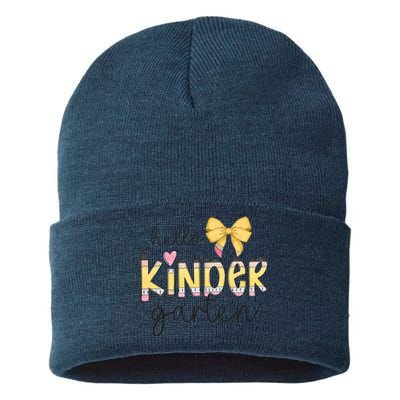 Hello Kindergarten Teacher Squad Coquette Bow Pencil School Sustainable Knit Beanie