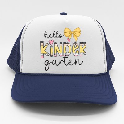 Hello Kindergarten Teacher Squad Coquette Bow Pencil School Trucker Hat