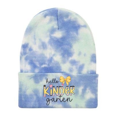 Hello Kindergarten Teacher Squad Coquette Bow Pencil School Tie Dye 12in Knit Beanie