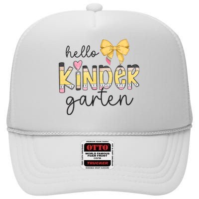 Hello Kindergarten Teacher Squad Coquette Bow Pencil School High Crown Mesh Back Trucker Hat