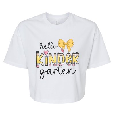 Hello Kindergarten Teacher Squad Coquette Bow Pencil School Bella+Canvas Jersey Crop Tee