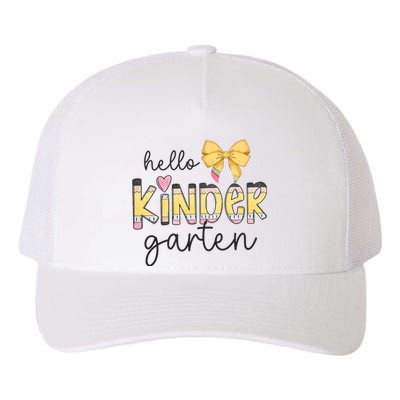 Hello Kindergarten Teacher Squad Coquette Bow Pencil School Yupoong Adult 5-Panel Trucker Hat