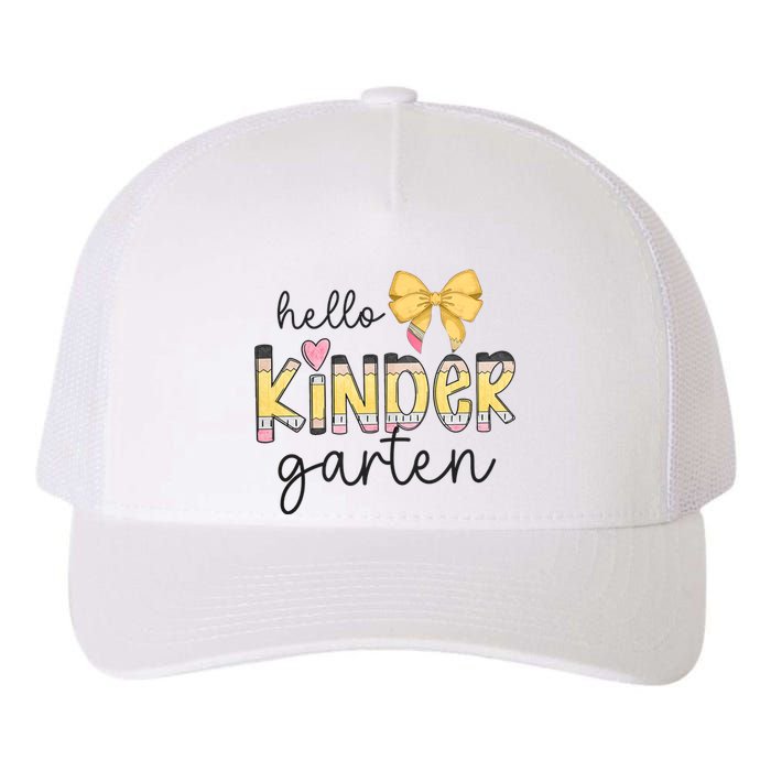 Hello Kindergarten Teacher Squad Coquette Bow Pencil School Yupoong Adult 5-Panel Trucker Hat