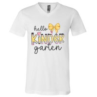 Hello Kindergarten Teacher Squad Coquette Bow Pencil School V-Neck T-Shirt