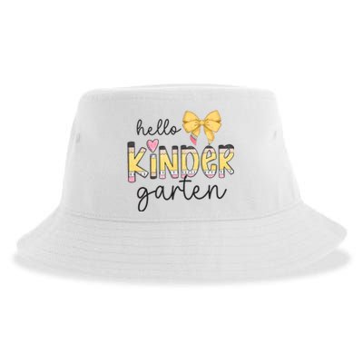 Hello Kindergarten Teacher Squad Coquette Bow Pencil School Sustainable Bucket Hat