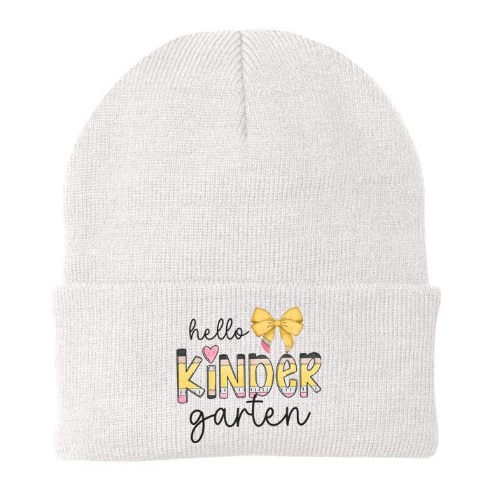 Hello Kindergarten Teacher Squad Coquette Bow Pencil School Knit Cap Winter Beanie