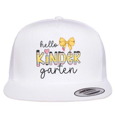 Hello Kindergarten Teacher Squad Coquette Bow Pencil School Flat Bill Trucker Hat