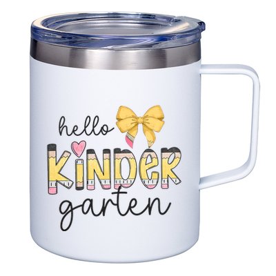 Hello Kindergarten Teacher Squad Coquette Bow Pencil School 12oz Stainless Steel Coffee Mug