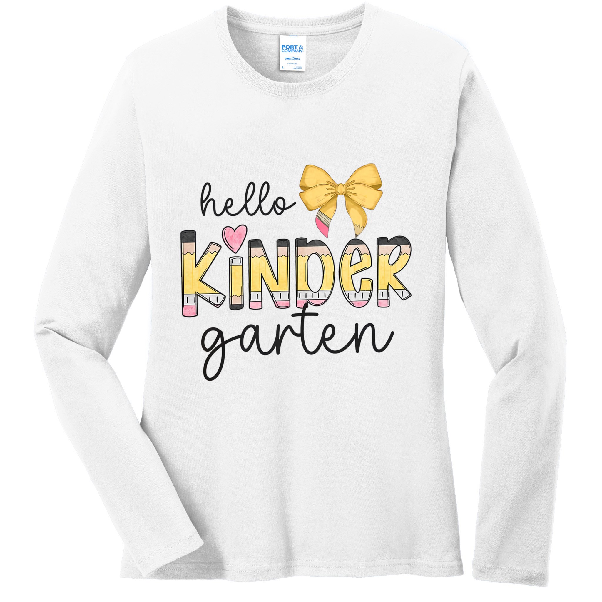 Hello Kindergarten Teacher Squad Coquette Bow Pencil School Ladies Long Sleeve Shirt