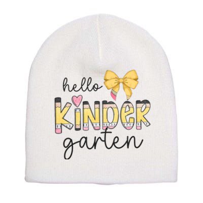 Hello Kindergarten Teacher Squad Coquette Bow Pencil School Short Acrylic Beanie